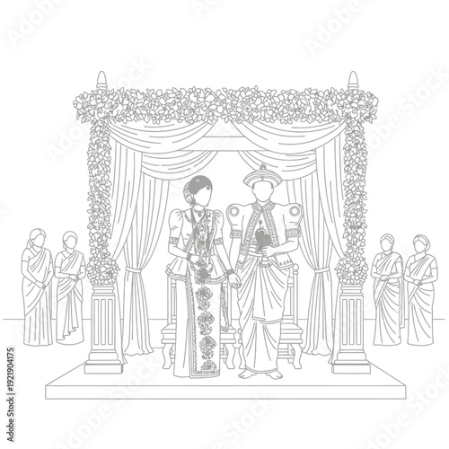 Sri lankan wedding line art illustration of traditional ceremony with groom and bride