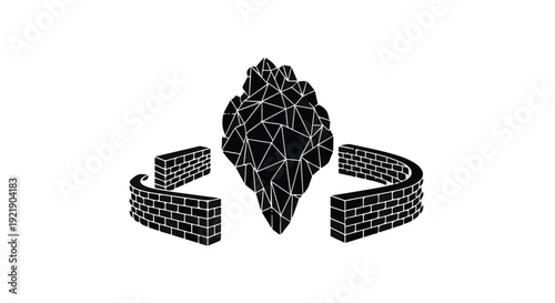 black geometric heart with brick wall broken free