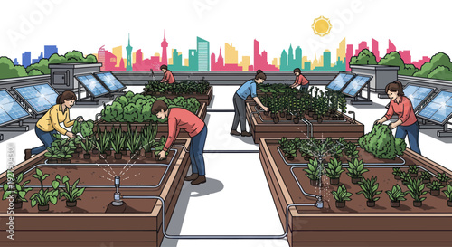 Urban Rooftop Garden with Solar Panels and Cityscape