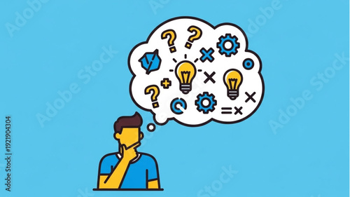 Man thinking with light bulbs and question marks in thought bubble.