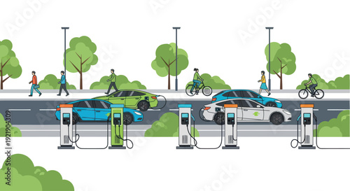 Electric Cars Charging at Station, Sustainable City Transportation, Eco-Friendly Lifestyle