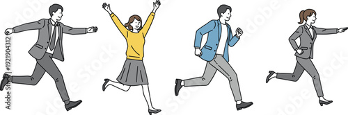 Business people running and jumping forward showing motivation, success, and progress in flat cartoon illustration