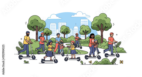 Diverse people riding electric scooters in a city park, vibrant urban lifestyle
