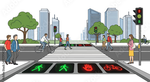 Urban crosswalk with smart traffic lights for pedestrians, cyclists, and cars