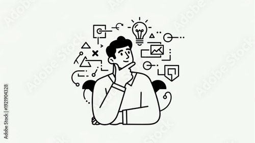 Man thinking with lightbulb and abstract shapes representing ideas.