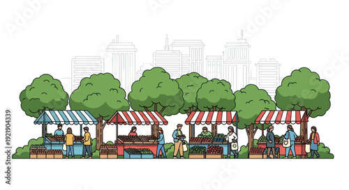 Outdoor Farmer's Market Scene with Stalls, Produce, and City Skyline