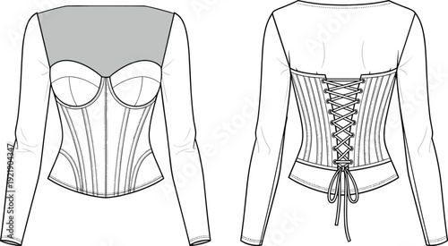 Women's Long Sleeve Corset Top Technical Flat Sketch, Lace-Up Back Detail, Sweetheart Neckline, Cad Drawing Flat Vector Illustration, Fashion Apparel Template.