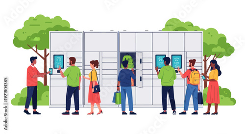 Diverse people using smart parcel lockers for package pickup and delivery outdoors