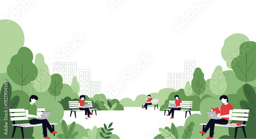 People working on laptops in a green park with buildings in the background