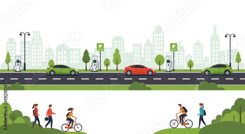 Eco-friendly city with electric cars, charging stations, and people cycling