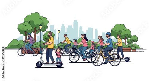Diverse group enjoying eco-friendly transport in a green city park with skyline background