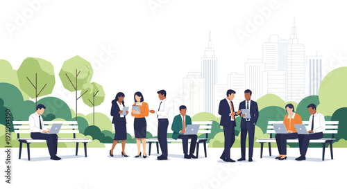 Diverse business people collaborating and working outdoors in a modern city park setting.