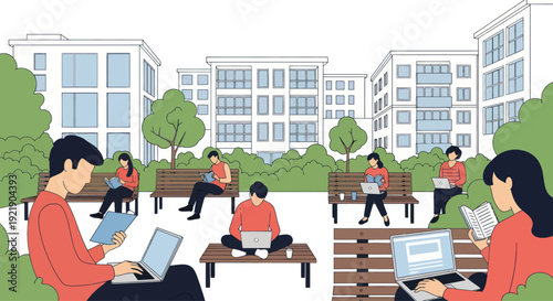 Diverse people studying and working on laptops and books in a park.