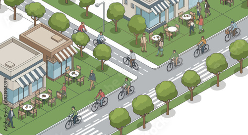 Isometric City Street with People Cycling and Outdoor Cafes