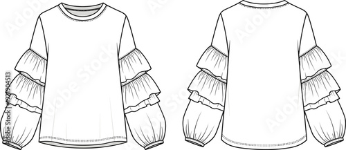 Technical CAD flat fashion vector illustration of a women's crew neck long sleeve top featuring dramatic tiered ruffles on sleeves.