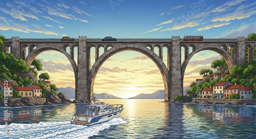 Majestic Stone Bridge with Arches and Traffic Crossing Over Water.
