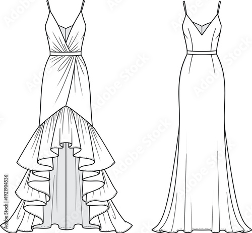 Technical CAD flat fashion vector illustration of a women's spaghetti strap evening gown with wrap bodice and ruffled high-low hemline.
