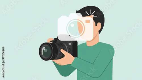 Man holding a professional camera taking a photo illustration.