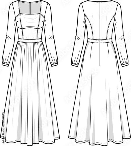 Technical CAD flat fashion vector illustration of a women's long sleeve maxi dress with square neckline, cinched waist, and flared skirt.