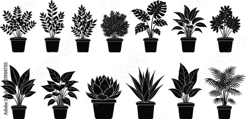 Black Silhouette Collection of Indoor Potted Houseplants and Tropical Leaf Greenery Vector Set for Minimalist Interior Design and Botanical Home Decor