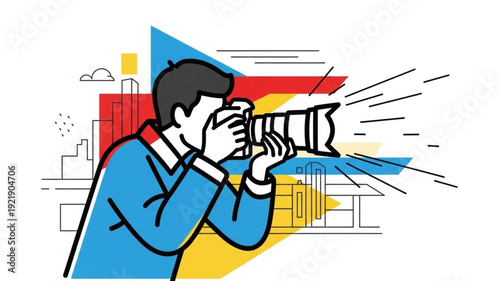 Man holding professional camera taking a photo illustration.