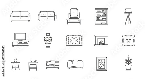 Collection of hand-drawn furniture and home decor icons.