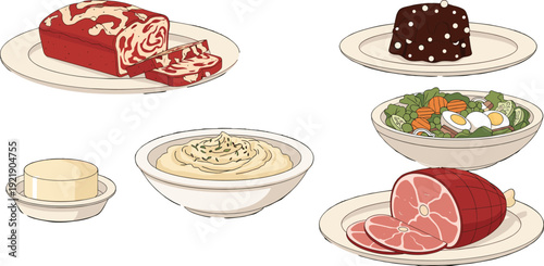 Set of traditional food dishes including meat loaf salad pudding and ham on plates illustrationSet of traditional food dishes including meat loaf salad pudding and ham on plates illustration