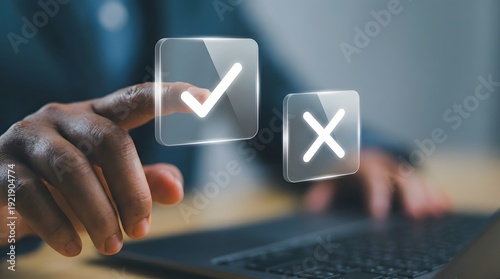 Hand selecting success or failure options on digital interface with checkmark and cross symbols for business decision making concept