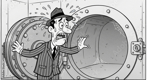 Man in suit looks shocked as vault door opens revealing empty space.