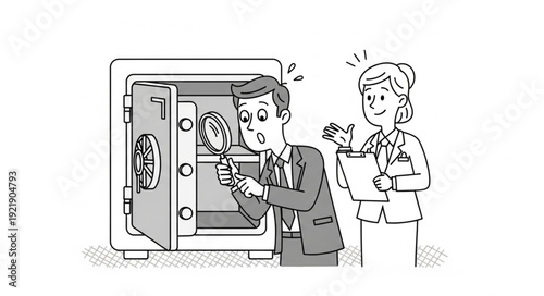 Man Inspecting Open Safe with Magnifying Glass Woman Watching.