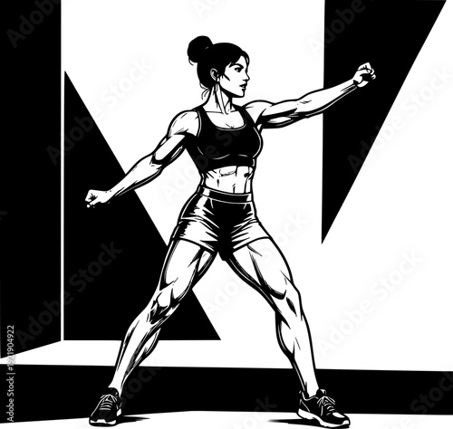 Powerful athletic woman in high-intensity workout pose: Design for fitness app interfaces, gym promotional banners, or sports motivation posters. Transparent background EPS version.