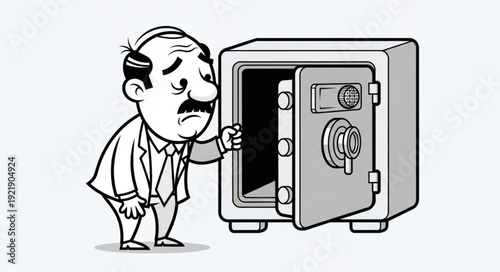 Man looks sadly at an empty safe illustration.