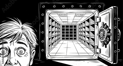 Man Peeking Into An Empty Bank Vault With Shocked Expression.