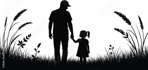 Silhouette of a man and a little girl holding hands in a field