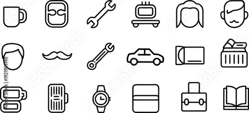 Collection of 16 simple line icons for daily objects and tools
