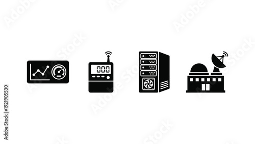 Black Icons of Electronics and Communication Devices on White Background