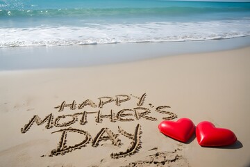Happy mother's day wishes on a beautiful beach with hearts