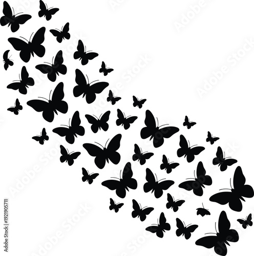 Black butterfly silhouettes flying swarm vector illustration isolated on white background, decorative nature wall art design element collection