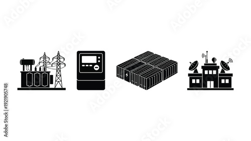 Industrial Icons Set with Power Plant, Smart Meter, Shipping Container and and Factory