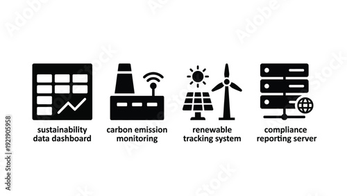 Sustainability data dashboard icons with carbon emission monitoring, renewable tracking system and compliance reporting server
