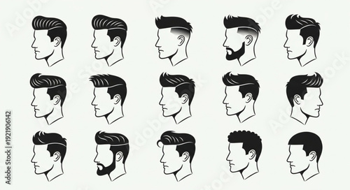 Collection of male hairstyles and haircuts in profile view.