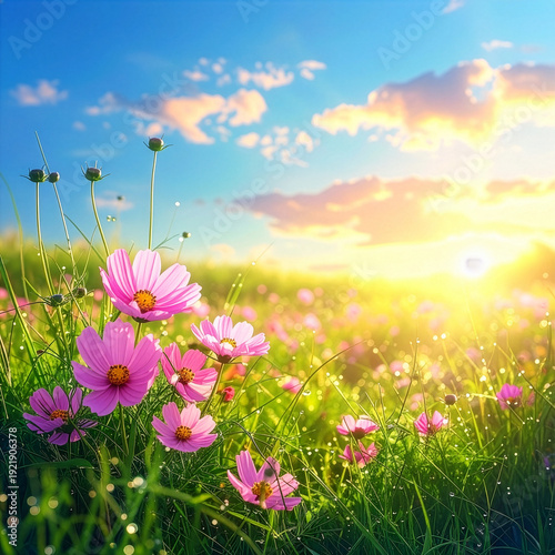 Vibrant and fresh spring landscape, golden hour light, blooming pink wildflowers a meadow

