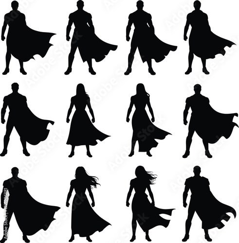 Superhero silhouettes set, male and female comic book heroes with flowing capes isolated on white background vector illustration