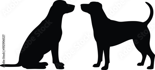 Two dog silhouettes facing each other, sitting and standing domestic canine pets isolated on white background vector illustration