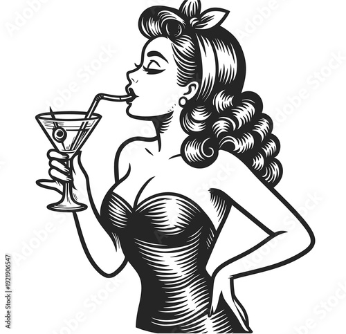Retro Pin-Up Woman Drinking Cocktail – Black and White Line Art