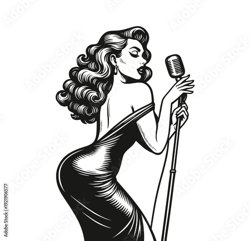 Pin-Up Style Singer with Vintage Microphone – Black and White Illustration
