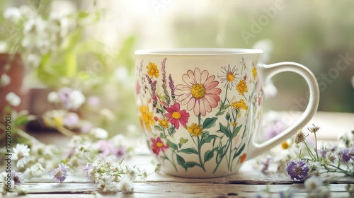 Beautiful floral mug filled with steaming hot beverage surrounded by delicate wildflowers.