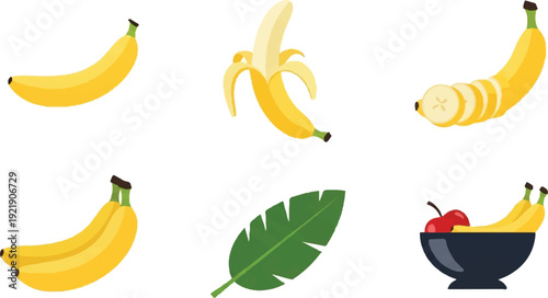 Illustrated bananas isolated on white background with various arrangements