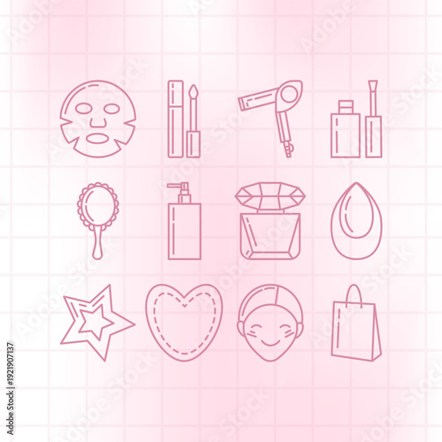 Soft pink set of beauty and shopping line icons: sheet mask, lip gloss, hair dryer, manicure tools, mirror, pump dispenser, perfume, sponge, star, heart, face and bag on grid background.