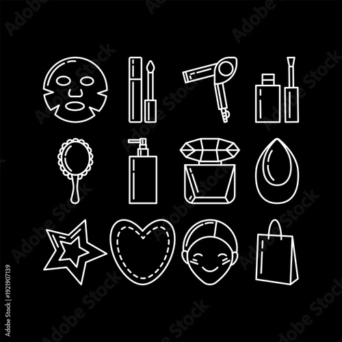 White outline set of beauty and shopping icons on black background: sheet mask, lip gloss, hair dryer, manicure tools, mirror, pump dispenser, perfume, sponge, star, heart, face and bag.